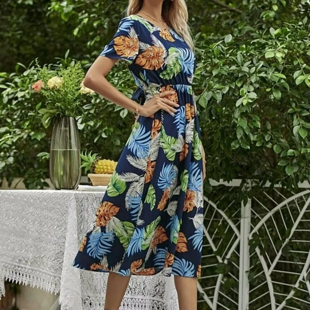 Women’s Midi Back Tie Short Sleeve Dress Size Large NWOT Tropical Boho